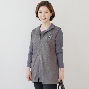 纯色SET2308001 T恤马夹真两件套宽松立领中年女装 韩国秋季 妈妈装