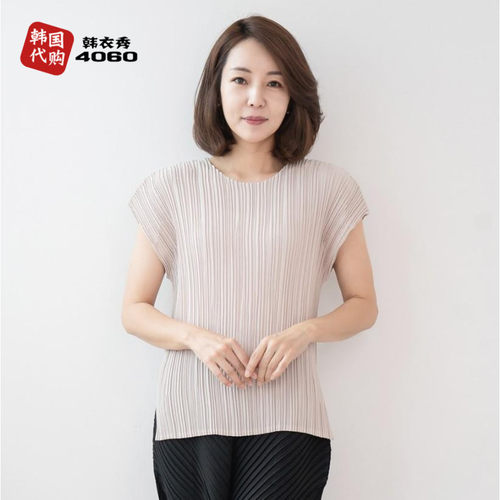 韩国妈妈装褶皱背心2023春夏大码女装圆领无袖T恤纯色SL303010