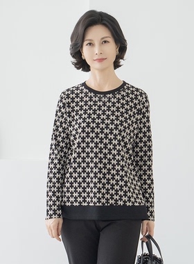 韩国妈妈装长袖T恤2025秋中老年女圆领格子宽松上衣TE2510016