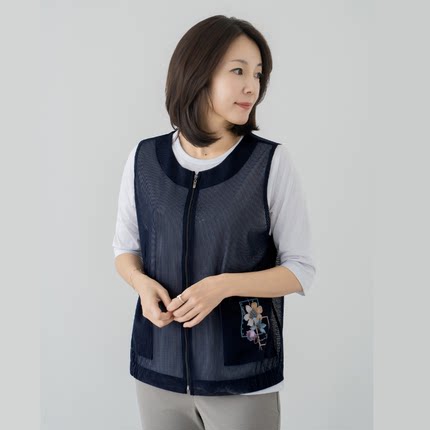 韩国妈妈装拉链马夹女中老年大码圆领时尚印花口袋开衫VE2603020
