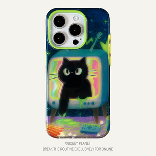 @BOBBY PLANET原创高品质透明星空迷幻黑猫复古电视机ins风适用iPhone16Promax手机壳苹果1543简约可爱潮流
