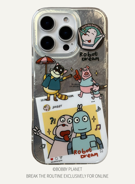 @BOBBY PLANET原创机器人之梦烫银电镀银高级感金属风可爱卡通适用iPhone17ProMax手机壳苹果1543全包小众16p