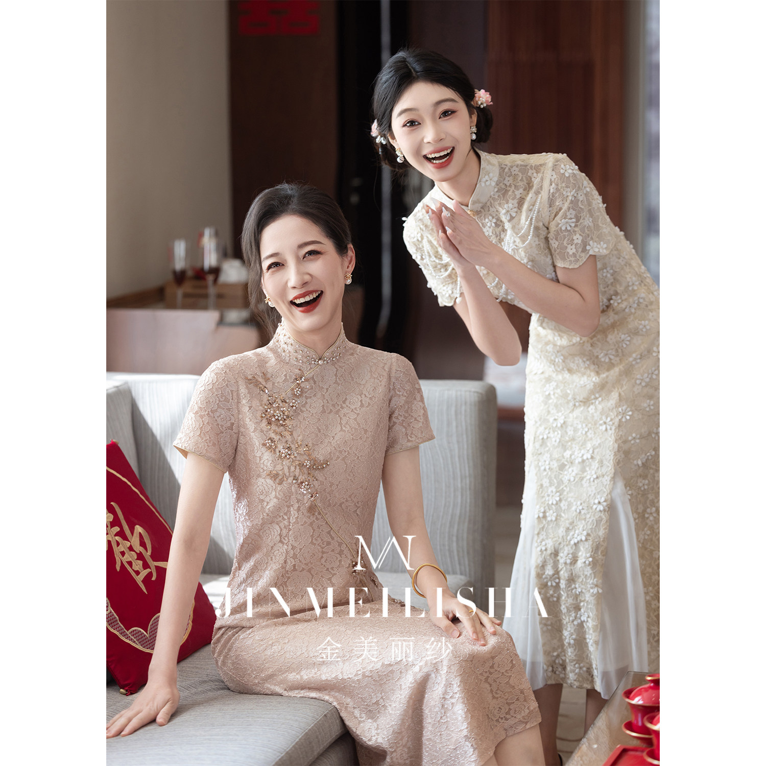 结婚妈妈装旗袍改良婚宴高级感蕾丝香槟色订婚宴喜婆婆婚服年轻款图片