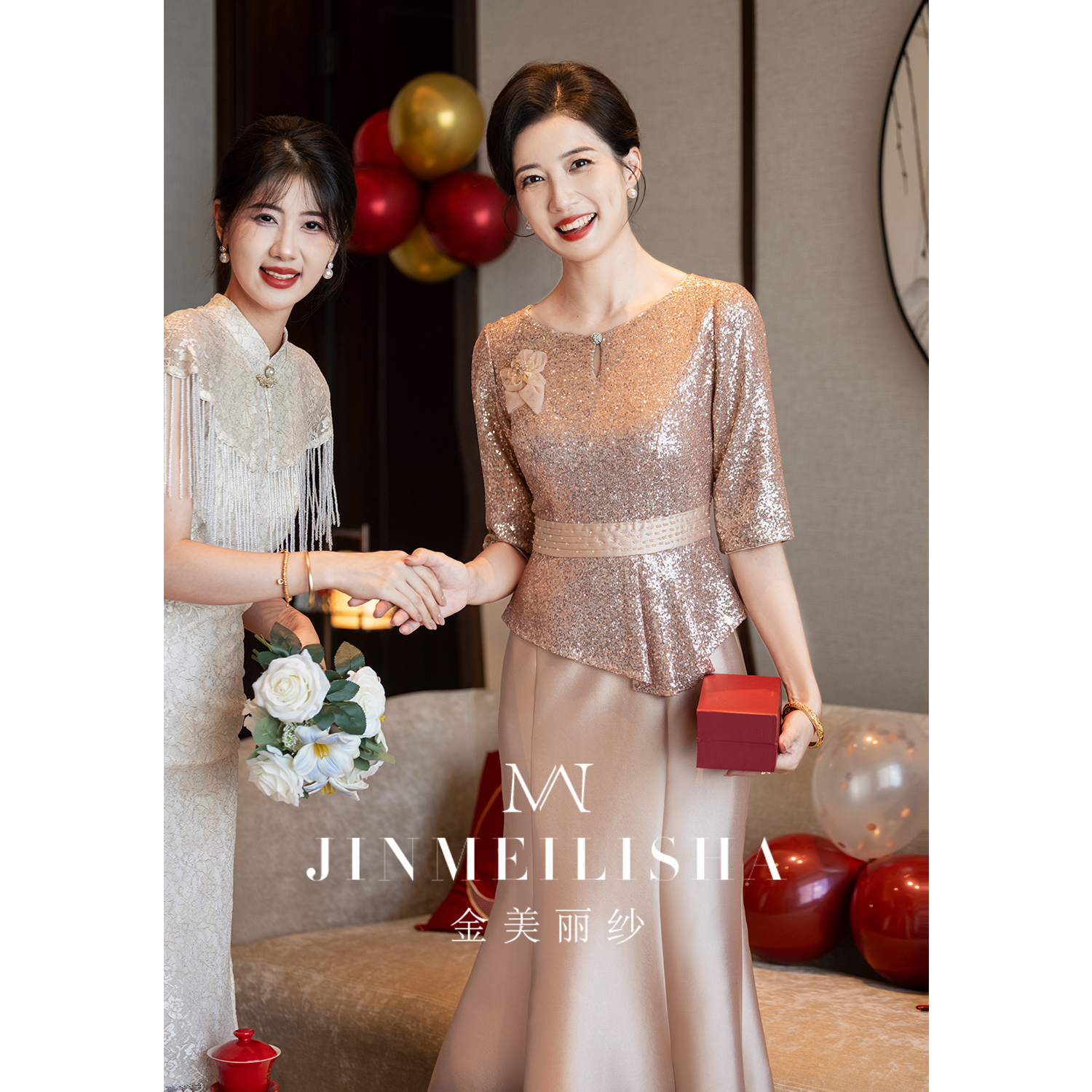 婚宴妈妈晚礼服高级感鱼尾年轻香槟色亮片2025新款秋季订婚喜婆婆