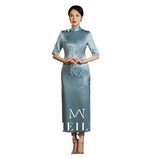 参加婚宴妈妈旗袍刺绣改良中式年轻款平时可穿喜婆婆礼服裙小个子