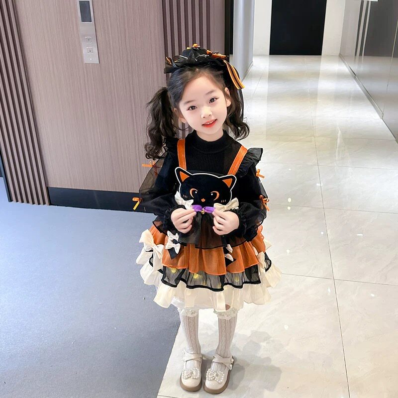 万圣节儿童服装女童礼服洛丽塔公主裙春秋季卡通猫头蓬蓬裙配饰