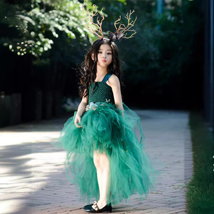 万圣节儿童服装女童礼服精灵装扮森林系蓬蓬公主裙连衣裙演出服