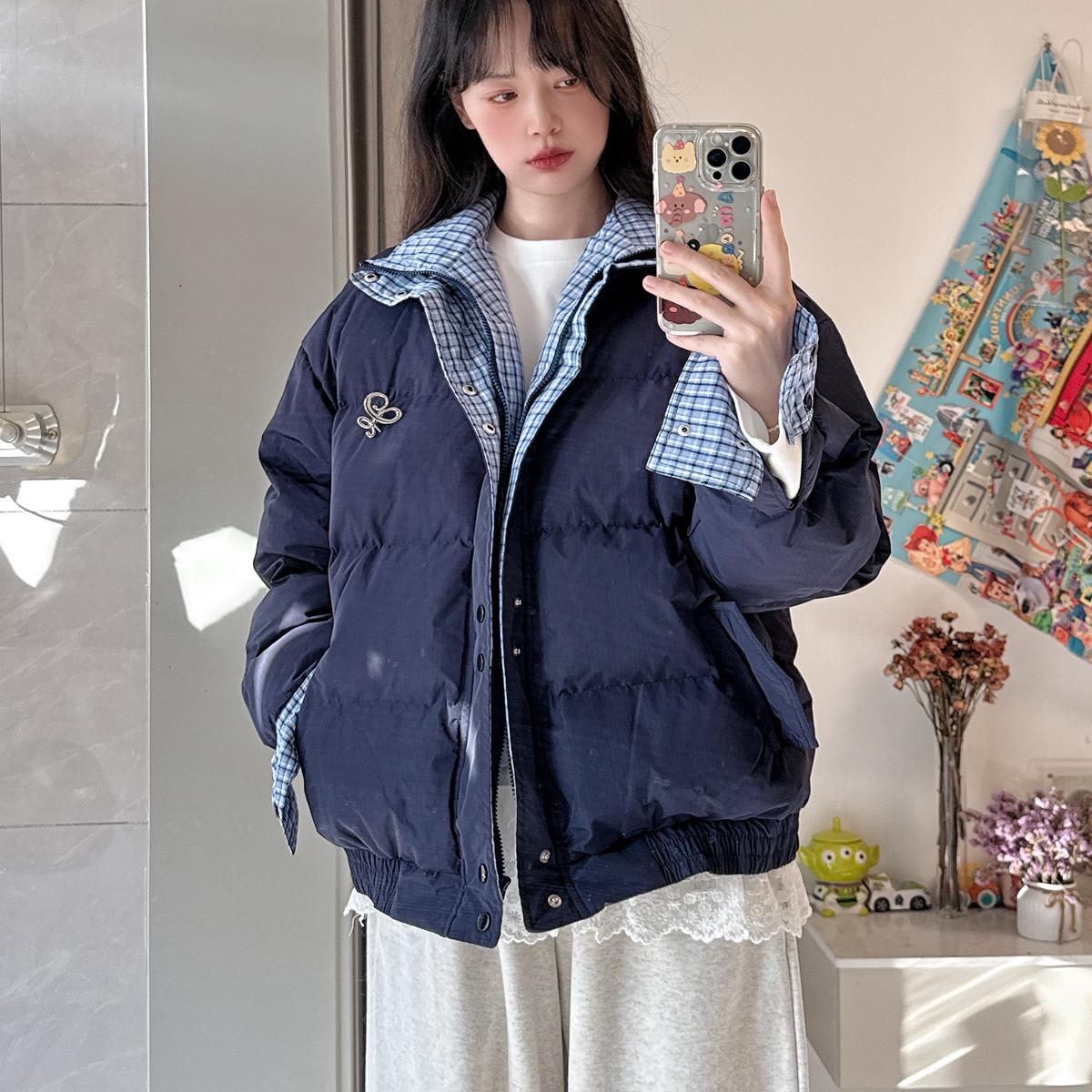 潮牌设计感双层领格子拼接棉服