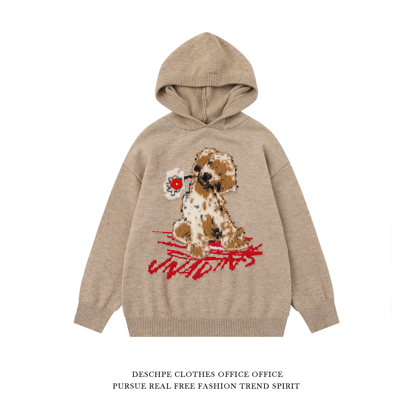 美式休闲设计感小狗卡通连帽针织衫男女秋冬装情侣宽松显瘦毛衣潮