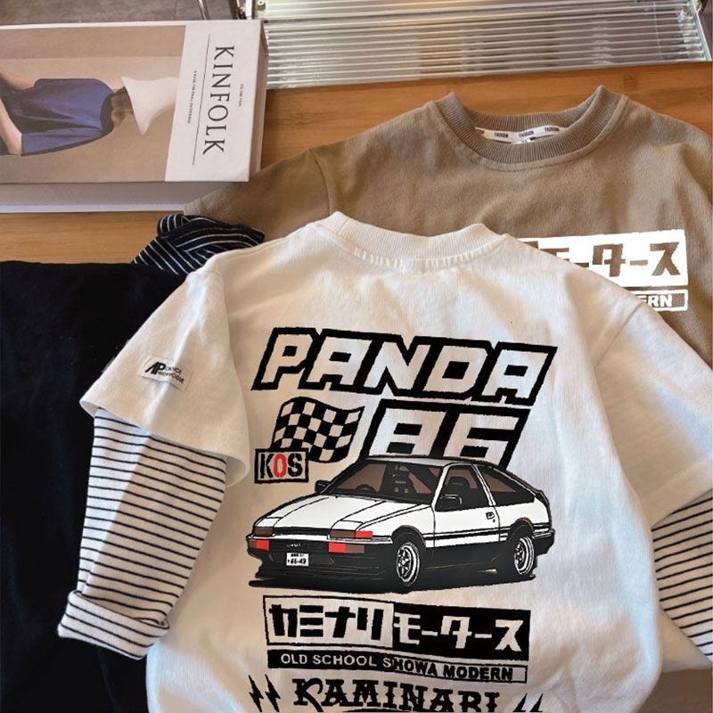 儿童宝宝汽车长袖2025秋装卡通宽松T恤男童女童假两件春秋打底衫