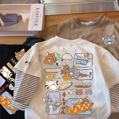 儿童宝宝猫和老鼠长袖T恤纯棉2025春秋款男女童卡通假两件打底衫