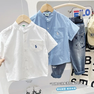 儿童短袖衬衫2026夏装男童立领纯色衬衣韩版宝宝休闲女童开衫薄款