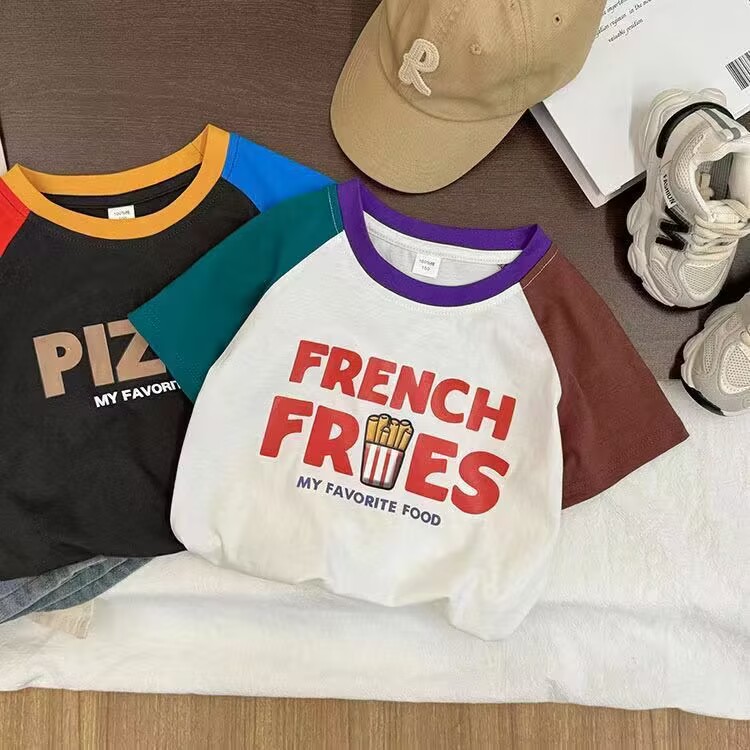 儿童薯条披萨短袖宝宝纯棉T恤2025夏男童女童卡通半袖打底衫上衣
