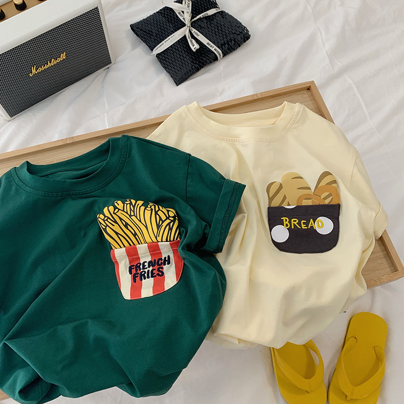 儿童宝宝薯条短袖纯棉T恤2025夏季新款男童女童休闲百搭奶茶半袖