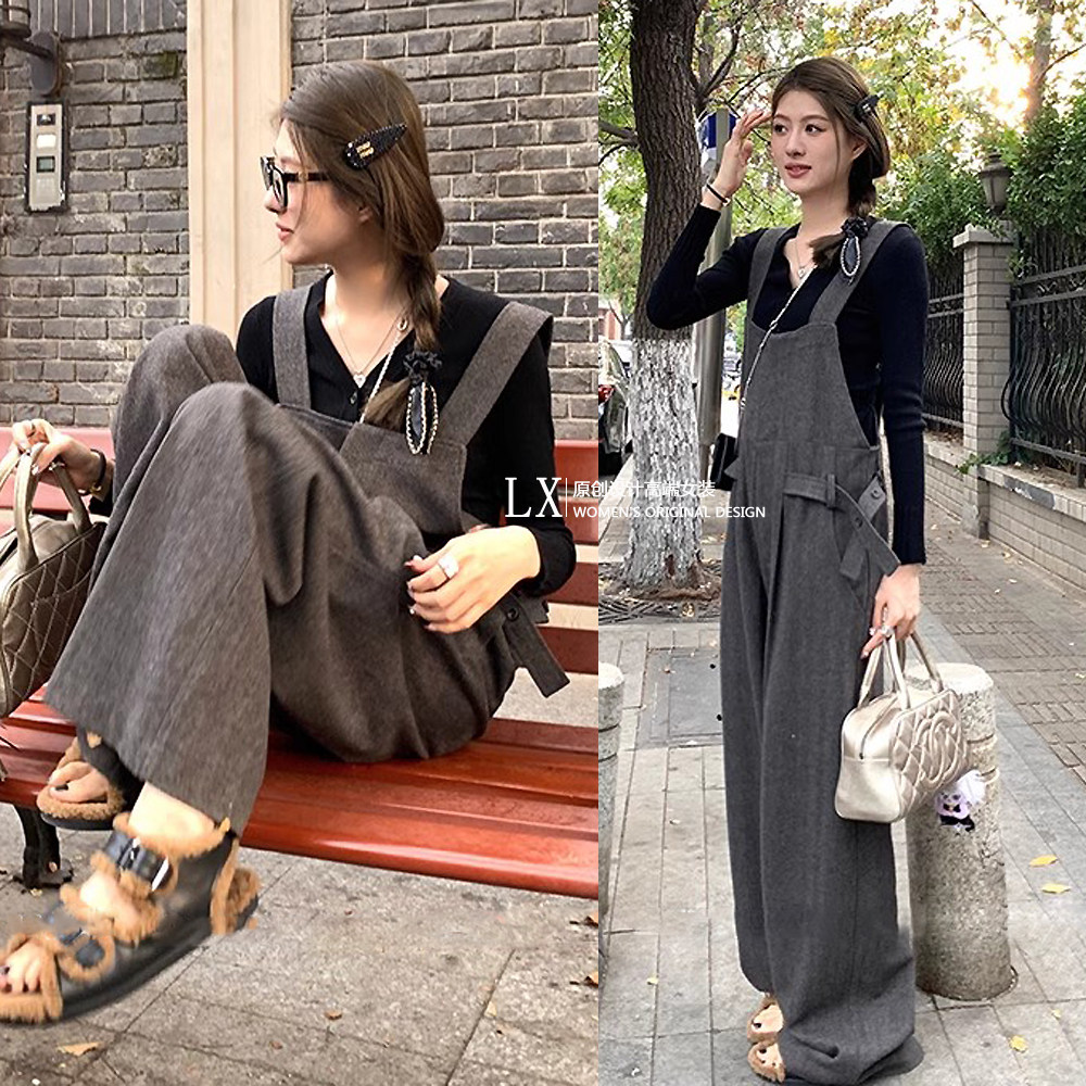 慵懒侘寂UMA风羊毛呢背带连体裤女2025秋冬时髦气质宽松阔腿长裤