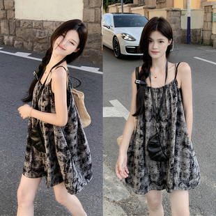 LLXX时髦艺术晕染水墨画吊带连体裤女春夏五分短裤休闲背带阔腿裤