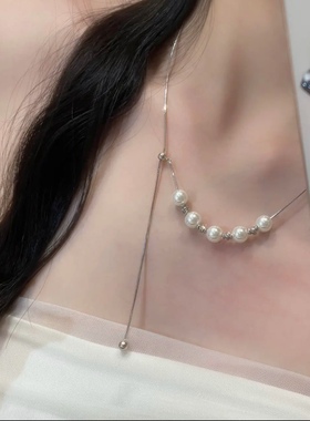 可抽拉珍珠项链颈链铜合蛇骨链女