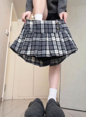 灰色学院风格纹半身裙女2026春秋大码韩版显瘦小个子百褶A字短裙