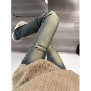 显瘦马蹄裤 美式 胖MM高腰修身 女春秋大码 复古辣妹破洞微喇叭牛仔裤