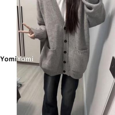 慵懒风灰色单排扣毛衣开衫女外套