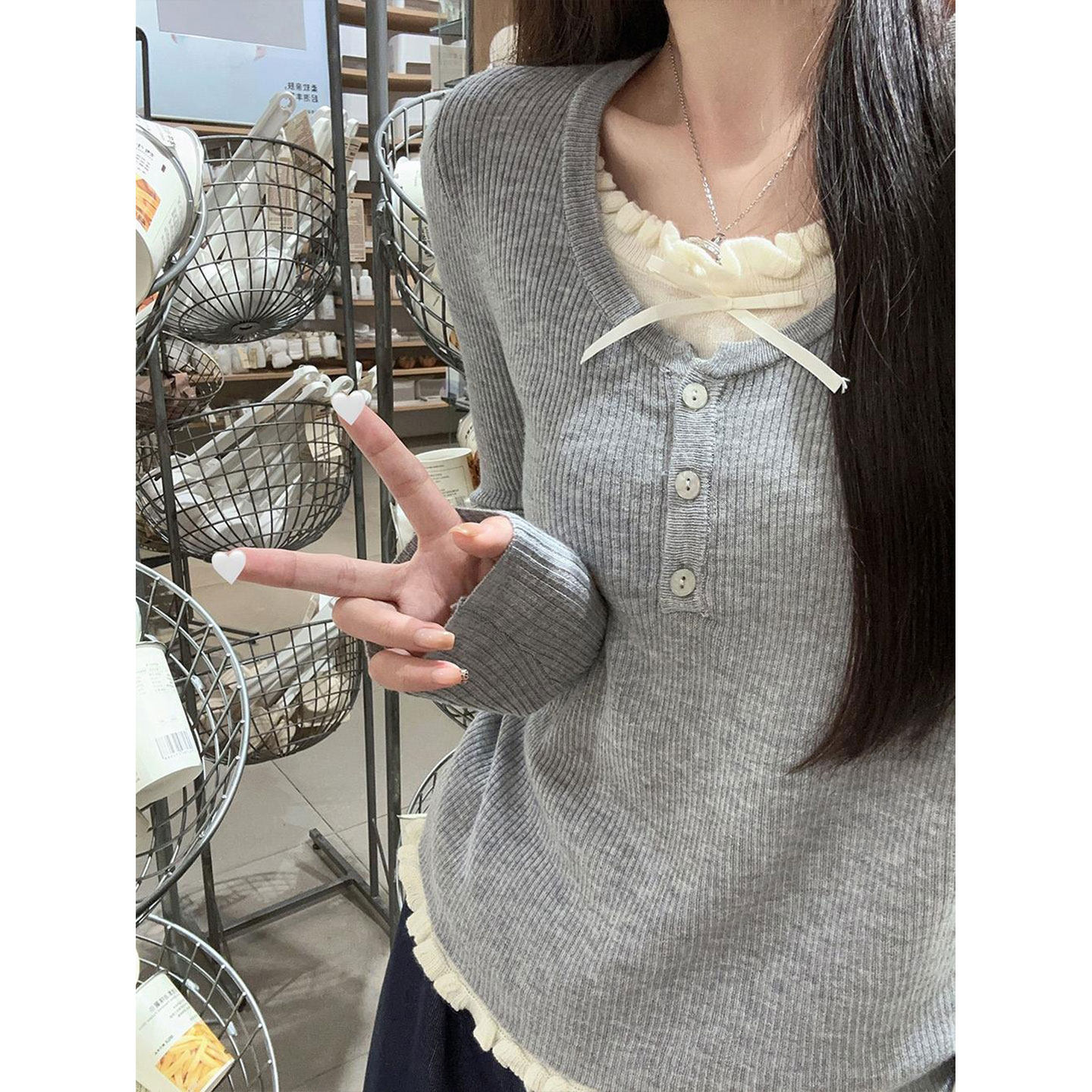 韩系假两件撞色木耳边针织衫打底毛衣女秋冬大码胖MM显瘦内搭上衣