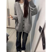 宽松针织衫 慵懒风灰色单排扣毛衣开衫 韩版 胖MM新款 女外套秋冬大码