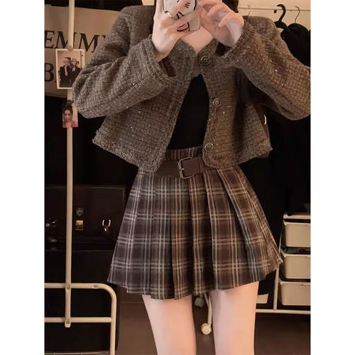 美式复古棕色格子半身裙女秋大码