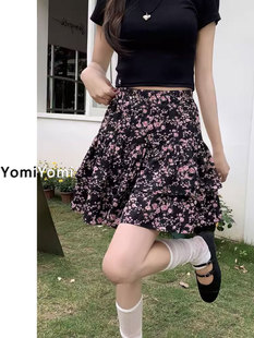 松紧高腰宽松雪纺A字半身裙ins 胖MM大码 韩版 甜美小碎花短裙女夏季