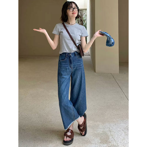 梨形身材九分牛仔裤女夏季新款大码胖mm宽松高腰显瘦直筒阔腿裤子
