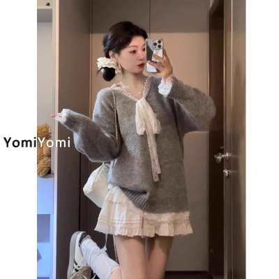 蕾丝拼接蝴蝶结长袖毛衣针织衫女