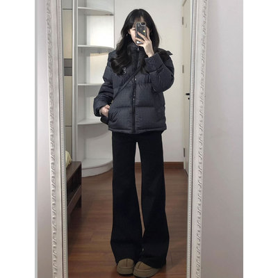 黑色微喇牛仔裤女秋冬大码胖MM加绒显瘦直筒高腰不贴腿喇叭长裤子