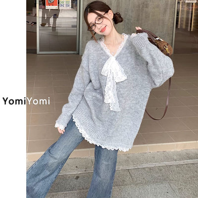 蕾丝蝴蝶结拼接宽松长袖毛衣女