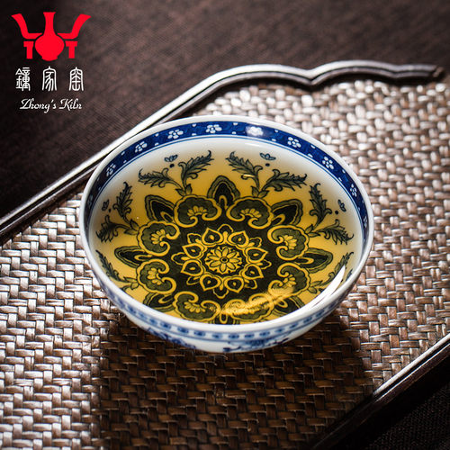 钟家窑柴窑青花陶瓷中式主人杯
