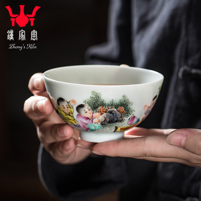 钟家窑手绘茶杯陶瓷粉彩五子登科个人单杯主人品茗杯景德镇功夫杯
