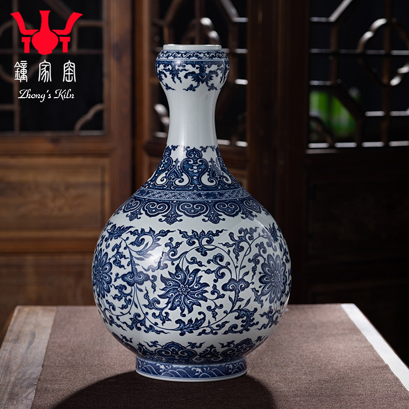 钟家窑陶瓷花瓶 景德镇柴窑青花手绘缠枝花卉纹蒜头瓶摆件高37cm