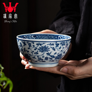 景德镇手绘茶杯青花柴窑缠枝花卉纹高端主人杯 钟家窑品茗杯单杯