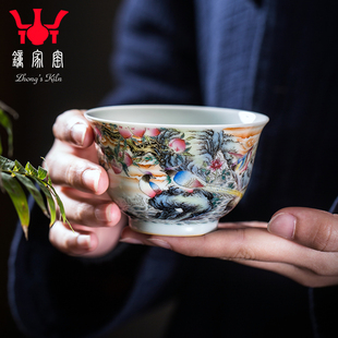 钟家窑景德镇茶杯手工高端珐琅彩主人杯功夫茶手工品茗单杯长寿图
