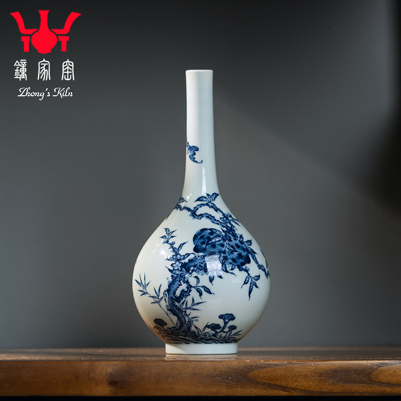 钟家窑陶瓷花瓶 景德镇手绘青花手绘福寿五桃胆瓶工夫茶配件摆件
