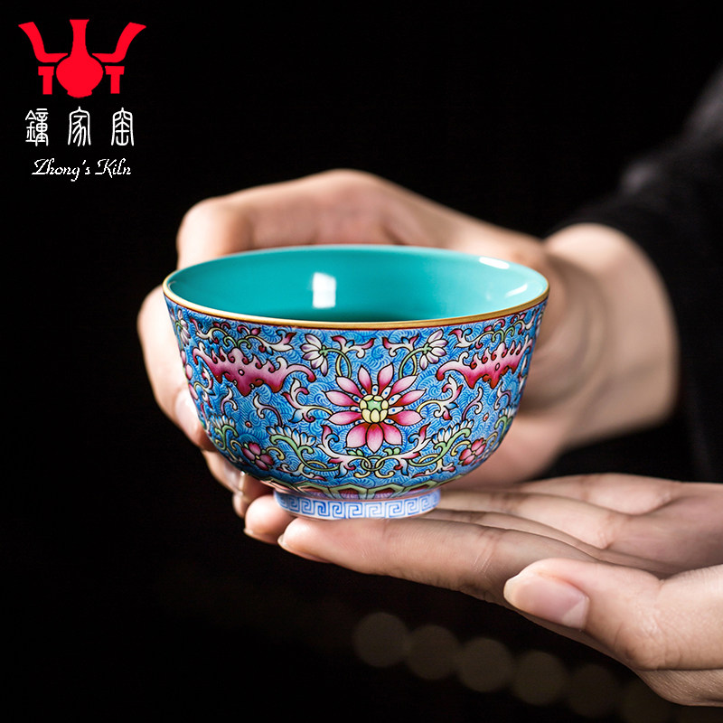 钟家窑茶杯景德镇手工高端珐琅彩松石绿蓝地凤尾莲个人专用主人杯,餐饮具,茶杯,淘宝优惠券,粉丝福利购,淘宝优惠卷