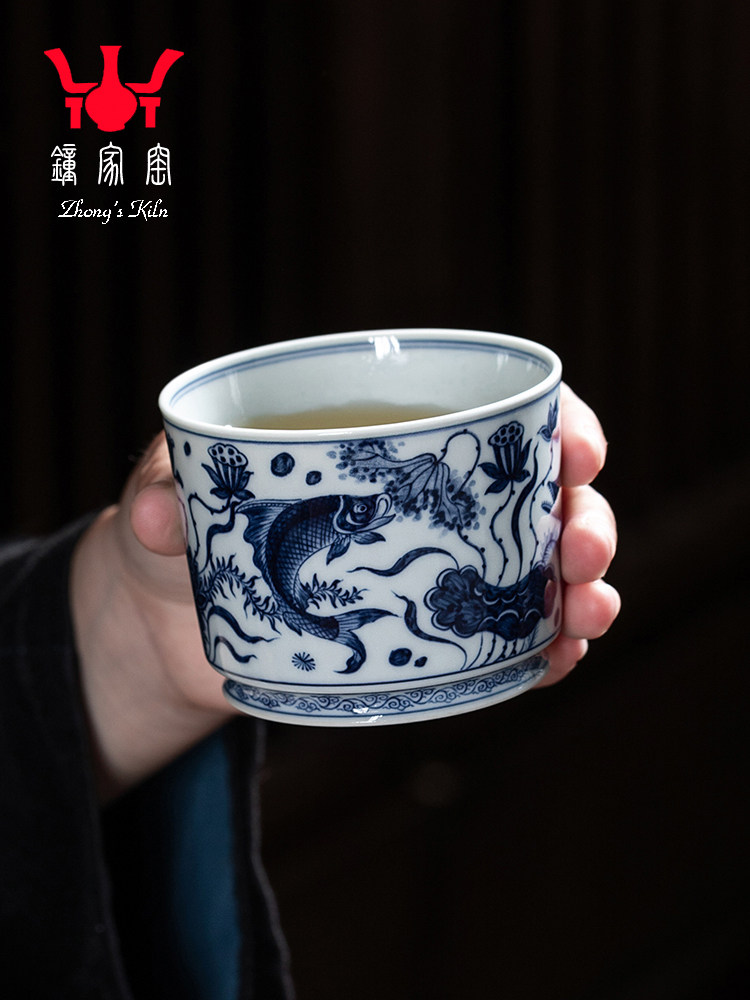 钟家窑个人高档专用主人杯 景德镇柴窑青花手绘鱼藻纹直口杯单杯