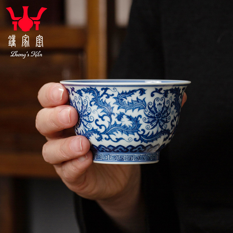 钟家窑陶瓷茶杯 景德镇柴窑青花手绘缠枝凤尾莲主人杯单杯压手杯,餐饮具,茶杯,淘宝优惠券,粉丝福利购,淘宝优惠卷