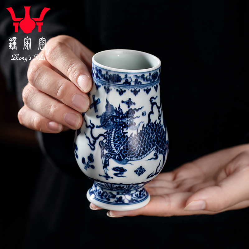 钟家窑陶瓷凯恩杯 景德镇柴窑青花手绘麒麟威士忌酒杯主人杯茶杯