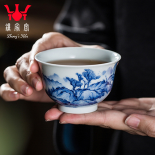 钟家窑柴窑青花茶杯景德镇茶具手工手绘山水功夫茶品茗主人杯客杯