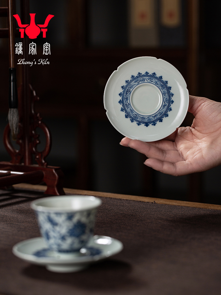仲家窑陶瓷杯垫景德镇手工蓝白向日葵口卷图案小杯垫隔热烤箱手套