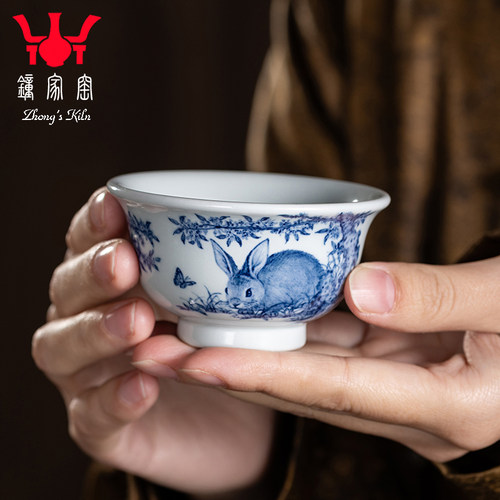 钟家窑陶瓷主人杯 景德镇柴窑青花瓷手绘桂花玉兔小压手杯小单杯