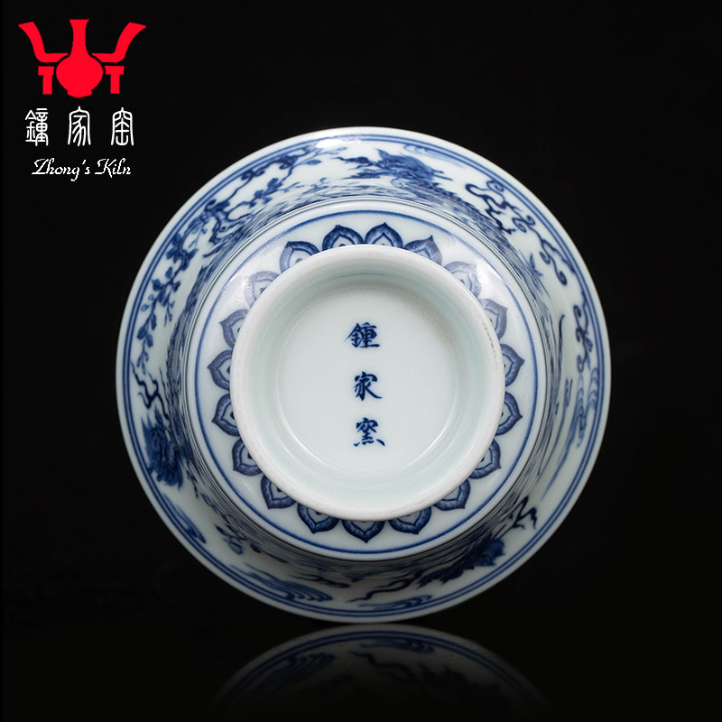 钟家窑盖碗茶杯 景德镇二才碗柴窑青花手绘麒麟茶碗功夫茶泡茶碗