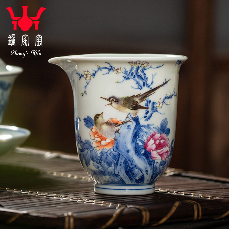 钟家窑公道杯 景德镇名师万海华手绘青花斗彩花鸟茶海分茶器公杯