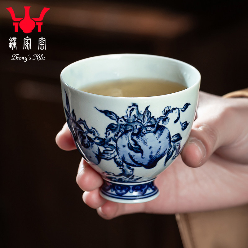钟家窑茶杯主人杯柴窑青花景德镇陶瓷茶具手工手绘点工寿桃高足杯,餐饮具,茶杯,淘宝优惠券,粉丝福利购,淘宝优惠卷