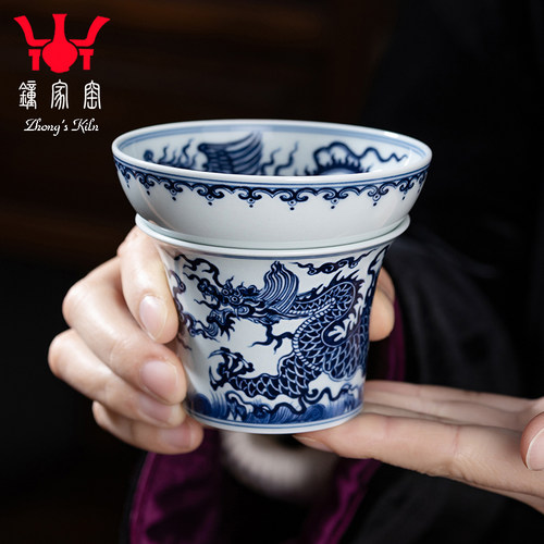 钟家窑柴窑青花龙凤呈祥茶滤