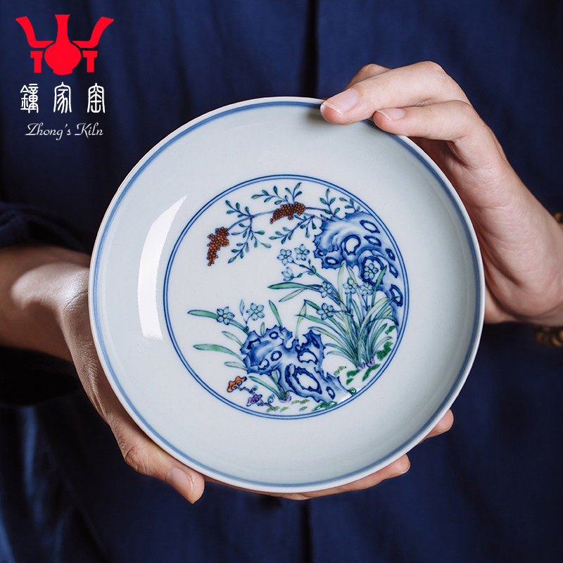 钟家窑陶瓷壶承干泡台全手工青花斗彩柴窑兰花壶托干泡台茶道配件